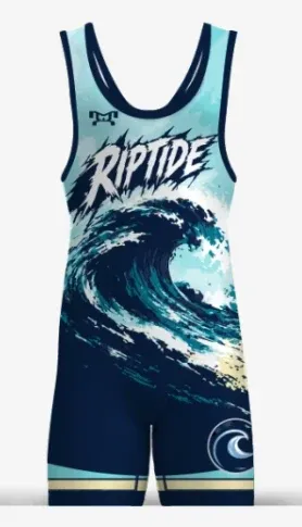 Blue Riptide Wrestling Club wrestling singlet with wave design